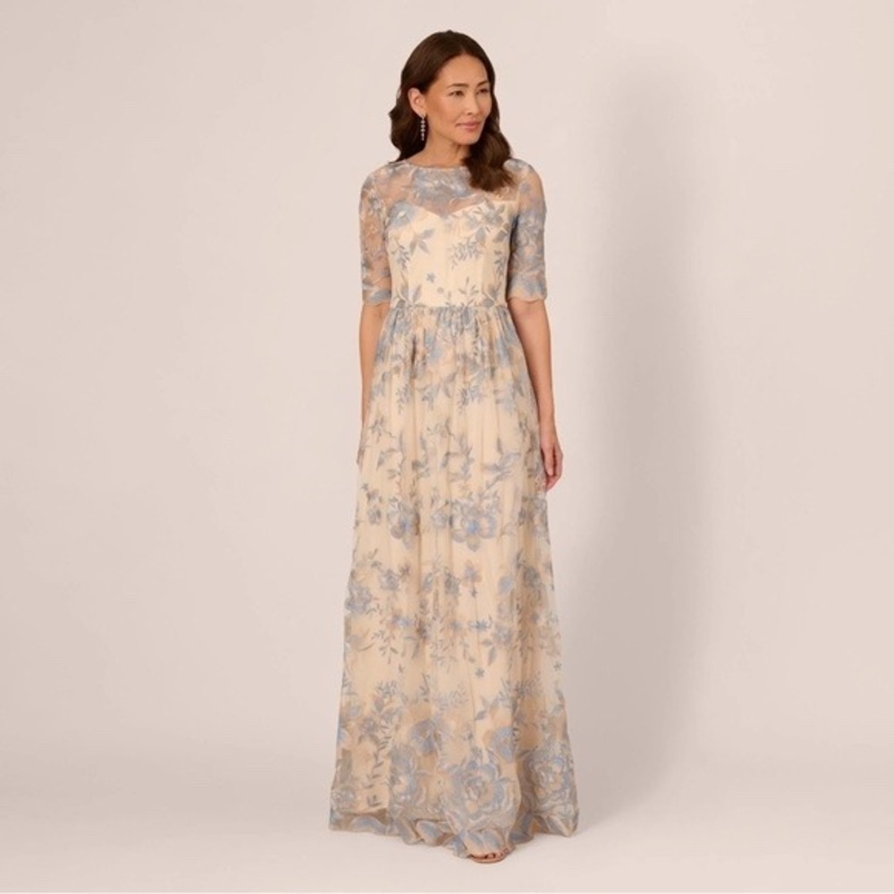 Adrianna Papell Maxi Dress Lace Sweetheart Illusion Wedding Formal Glam Feminine